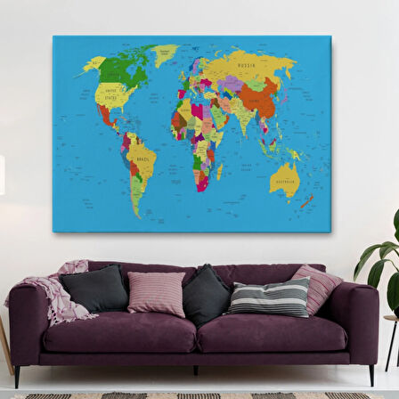 Mavi Zemin İngilizce Dünya Haritası Renkli Dekoratif Kanvas Tablo, Duvar Dekoru 1058
