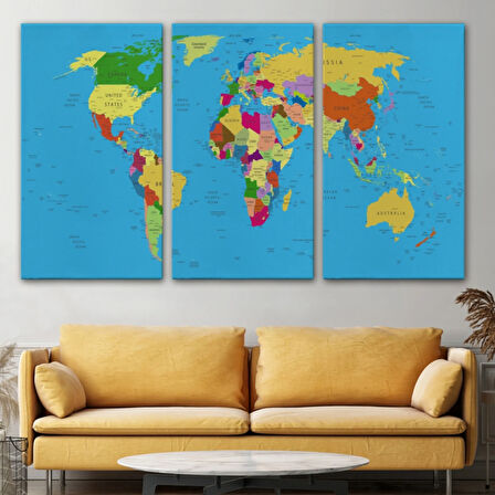 Mavi Zemin İngilizce Dünya Haritası Renkli Dekoratif Kanvas Tablo, Duvar Dekoru 1058