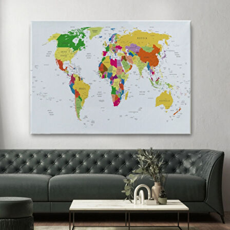 Renkli İngilizce Ayrıntılı Dünya Haritası Dikdörtgen Dekoratif Kanvas Tablo, Duvar Dekoru 1059