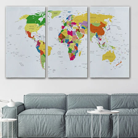 Renkli İngilizce Ayrıntılı Dünya Haritası Dikdörtgen Dekoratif Kanvas Tablo, Duvar Dekoru 1059