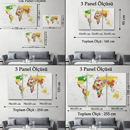 Renkli İngilizce Ayrıntılı Dünya Haritası Dikdörtgen Dekoratif Kanvas Tablo, Duvar Dekoru 1059