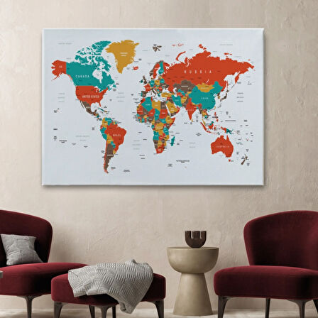 Beyaz Zemin İngilizce Dünya Haritası Renkli Dekoratif Kanvas Tablo, Duvar Dekoru 1063