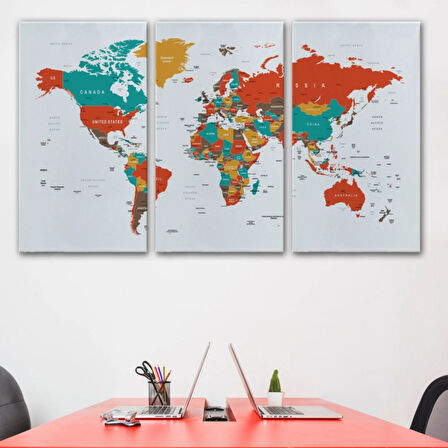 Beyaz Zemin İngilizce Dünya Haritası Renkli Dekoratif Kanvas Tablo, Duvar Dekoru 1063