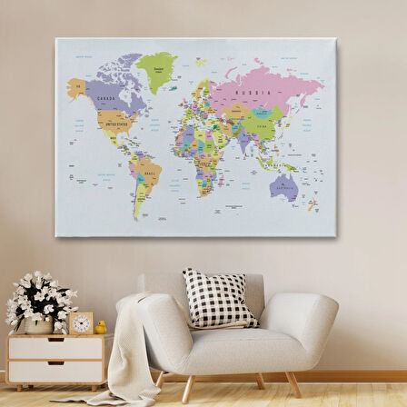 Soft Renkler İngilizce Dünya Haritası Renkli Dekoratif Kanvas Tablo, Duvar Dekoru 1064