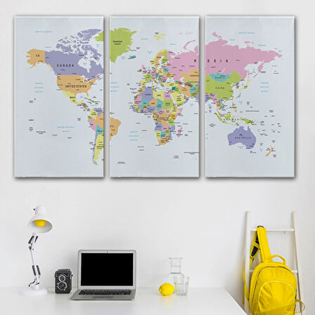 Soft Renkler İngilizce Dünya Haritası Renkli Dekoratif Kanvas Tablo, Duvar Dekoru 1064