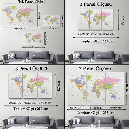 Soft Renkler İngilizce Dünya Haritası Renkli Dekoratif Kanvas Tablo, Duvar Dekoru 1064