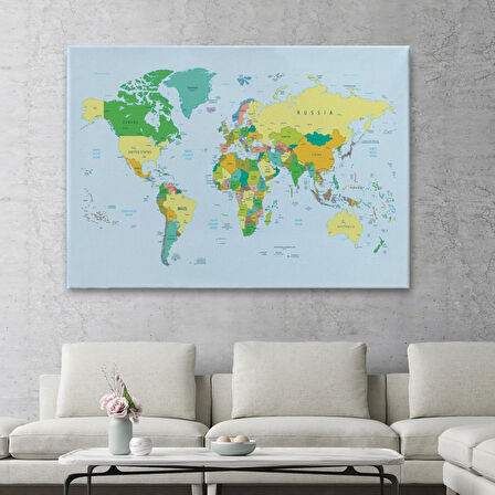 Soft Renkler İngilizce Dünya Haritası Renkli Dekoratif Kanvas Tablo, Duvar Dekoru 1065