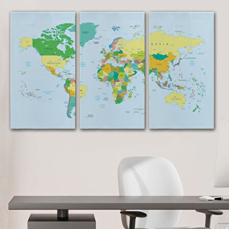 Soft Renkler İngilizce Dünya Haritası Renkli Dekoratif Kanvas Tablo, Duvar Dekoru 1065