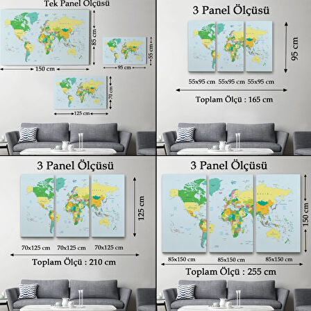 Soft Renkler İngilizce Dünya Haritası Renkli Dekoratif Kanvas Tablo, Duvar Dekoru 1065