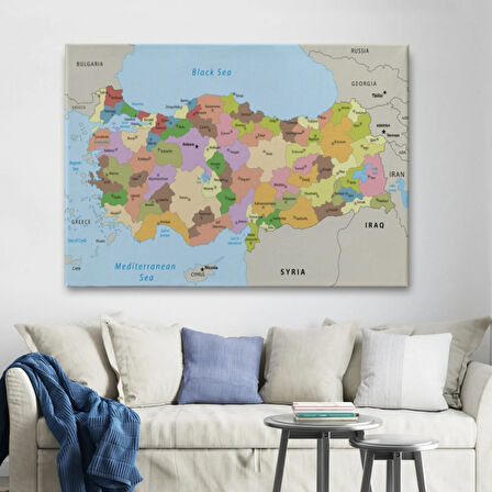 Komşu Ülkeli İngilizce Türkiye Haritası Dekoratif Kanvas Tablo, Duvar Dekoru 1067