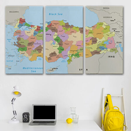 Komşu Ülkeli İngilizce Türkiye Haritası Dekoratif Kanvas Tablo, Duvar Dekoru 1067