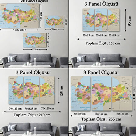 Komşu Ülkeli İngilizce Türkiye Haritası Dekoratif Kanvas Tablo, Duvar Dekoru 1067