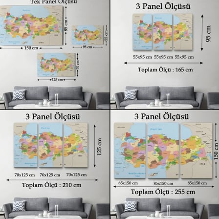 Komşu Ülkeli İngilizce Türkiye Haritası Dekoratif Kanvas Tablo, Duvar Dekoru 1067