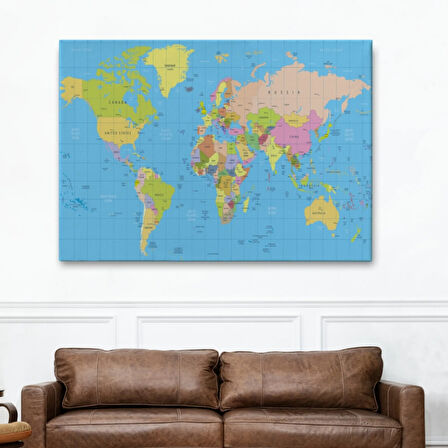 Meridyenli İngilizce Dünya Haritası Renkli Dekoratif Kanvas Tablo, Duvar Dekoru 1068