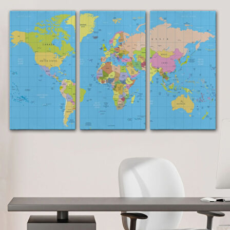 Meridyenli İngilizce Dünya Haritası Renkli Dekoratif Kanvas Tablo, Duvar Dekoru 1068