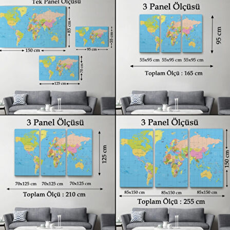 Meridyenli İngilizce Dünya Haritası Renkli Dekoratif Kanvas Tablo, Duvar Dekoru 1068