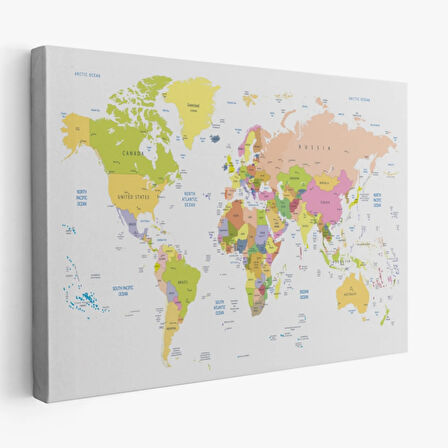 Beyaz Zemin Soft Renkler İngilizce Dünya Haritası Dekoratif Kanvas Tablo, Duvar Dekoru 1069