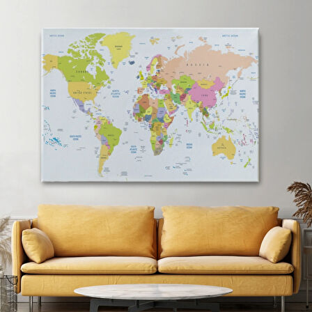 Beyaz Zemin Soft Renkler İngilizce Dünya Haritası Dekoratif Kanvas Tablo, Duvar Dekoru 1069