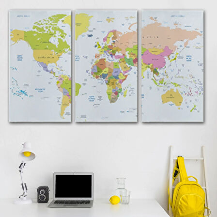 Beyaz Zemin Soft Renkler İngilizce Dünya Haritası Dekoratif Kanvas Tablo, Duvar Dekoru 1069