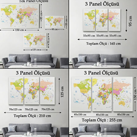 Beyaz Zemin Soft Renkler İngilizce Dünya Haritası Dekoratif Kanvas Tablo, Duvar Dekoru 1069