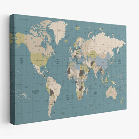 Meridyenli Soft Renkler İngilizce Dünya Haritası Dekoratif Kanvas Tablo, Duvar Dekoru 1070