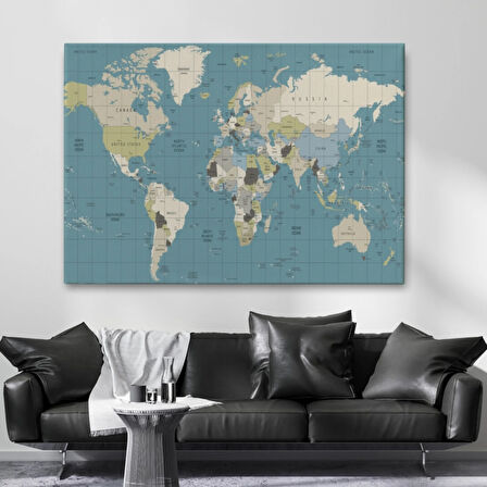 Meridyenli Soft Renkler İngilizce Dünya Haritası Dekoratif Kanvas Tablo, Duvar Dekoru 1070
