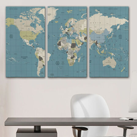 Meridyenli Soft Renkler İngilizce Dünya Haritası Dekoratif Kanvas Tablo, Duvar Dekoru 1070