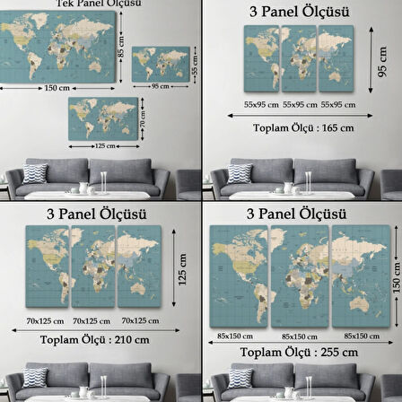Meridyenli Soft Renkler İngilizce Dünya Haritası Dekoratif Kanvas Tablo, Duvar Dekoru 1070