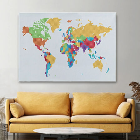 Bal Peteği Desenli Dünya Haritası Renkli Dekoratif Kanvas Tablo, Duvar Dekoru 1071