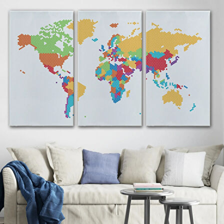 Bal Peteği Desenli Dünya Haritası Renkli Dekoratif Kanvas Tablo, Duvar Dekoru 1071