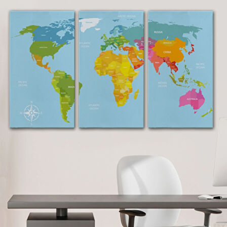 Pusulalı İngilizce Dünya Haritası Renkli Dekoratif Kanvas Tablo, Duvar Dekoru 1072