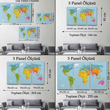 Pusulalı İngilizce Dünya Haritası Renkli Dekoratif Kanvas Tablo, Duvar Dekoru 1072