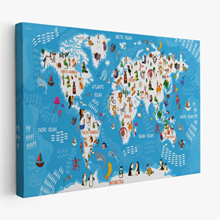 Hayvan Tema Renkli İngilizce Dünya Haritası Çocuk Odası Dekoratif Kanvas Tablo, Duvar Dekoru 1074