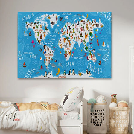 Hayvan Tema Renkli İngilizce Dünya Haritası Çocuk Odası Dekoratif Kanvas Tablo, Duvar Dekoru 1074