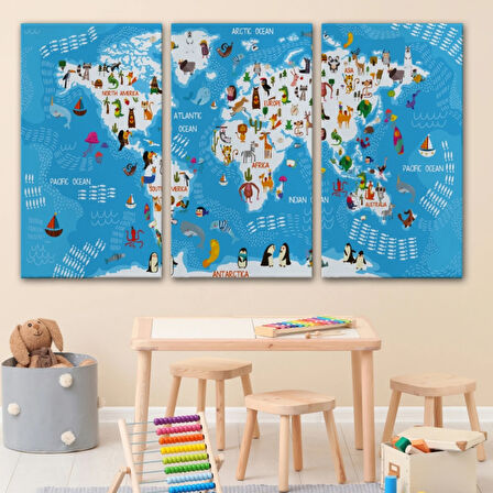 Hayvan Tema Renkli İngilizce Dünya Haritası Çocuk Odası Dekoratif Kanvas Tablo, Duvar Dekoru 1074