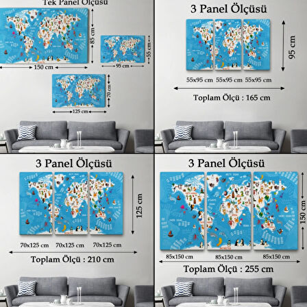 Hayvan Tema Renkli İngilizce Dünya Haritası Çocuk Odası Dekoratif Kanvas Tablo, Duvar Dekoru 1074