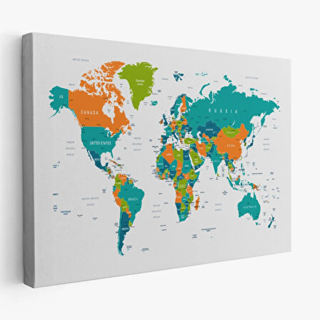 Canlı Renkler İngilizce Dünya Haritası Renkli Dekoratif Kanvas Tablo, Duvar Dekoru 1076