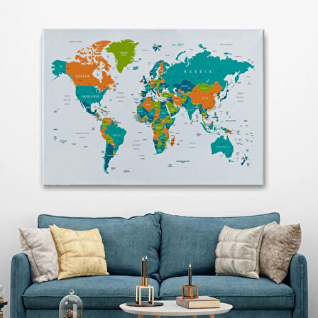 Canlı Renkler İngilizce Dünya Haritası Renkli Dekoratif Kanvas Tablo, Duvar Dekoru 1076