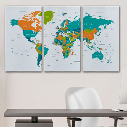 Canlı Renkler İngilizce Dünya Haritası Renkli Dekoratif Kanvas Tablo, Duvar Dekoru 1076