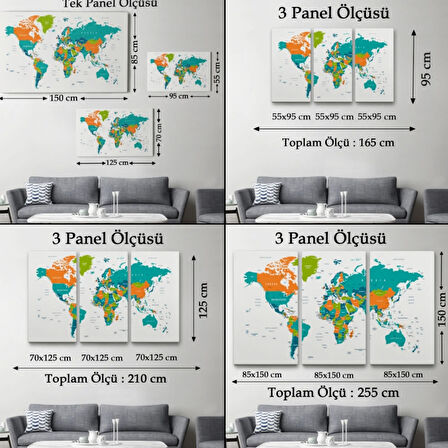 Canlı Renkler İngilizce Dünya Haritası Renkli Dekoratif Kanvas Tablo, Duvar Dekoru 1076