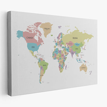 Soft Renkler İngilizce Dünya Haritası Renkli Dekoratif Kanvas Tablo, Duvar Dekoru 1077