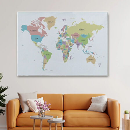 Soft Renkler İngilizce Dünya Haritası Renkli Dekoratif Kanvas Tablo, Duvar Dekoru 1077