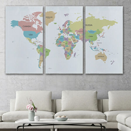 Soft Renkler İngilizce Dünya Haritası Renkli Dekoratif Kanvas Tablo, Duvar Dekoru 1077
