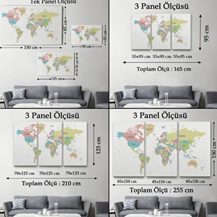 Soft Renkler İngilizce Dünya Haritası Renkli Dekoratif Kanvas Tablo, Duvar Dekoru 1077