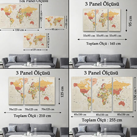 Meridyenli İngilizce Dünya Haritası Renkli Dekoratif Kanvas Tablo, Duvar Dekoru 1078