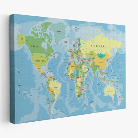Meridyenli İngilizce Dünya Haritası Renkli Dekoratif Kanvas Tablo, Duvar Dekoru 1079