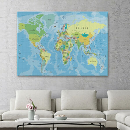 Meridyenli İngilizce Dünya Haritası Renkli Dekoratif Kanvas Tablo, Duvar Dekoru 1079