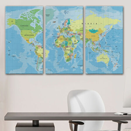 Meridyenli İngilizce Dünya Haritası Renkli Dekoratif Kanvas Tablo, Duvar Dekoru 1079