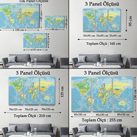Meridyenli İngilizce Dünya Haritası Renkli Dekoratif Kanvas Tablo, Duvar Dekoru 1079