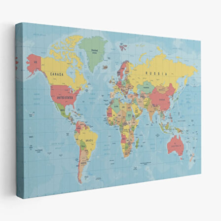 Meridyenli İngilizce Dünya Haritası Renkli Dekoratif Kanvas Tablo, Duvar Dekoru 1080
